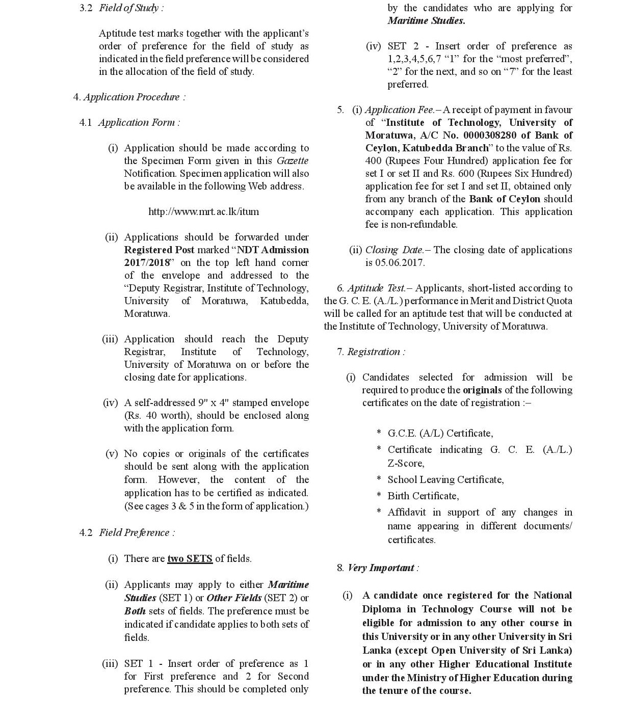 National Diploma in Technology Course (2017/2018) - Institute of Technology University of Moratuwa